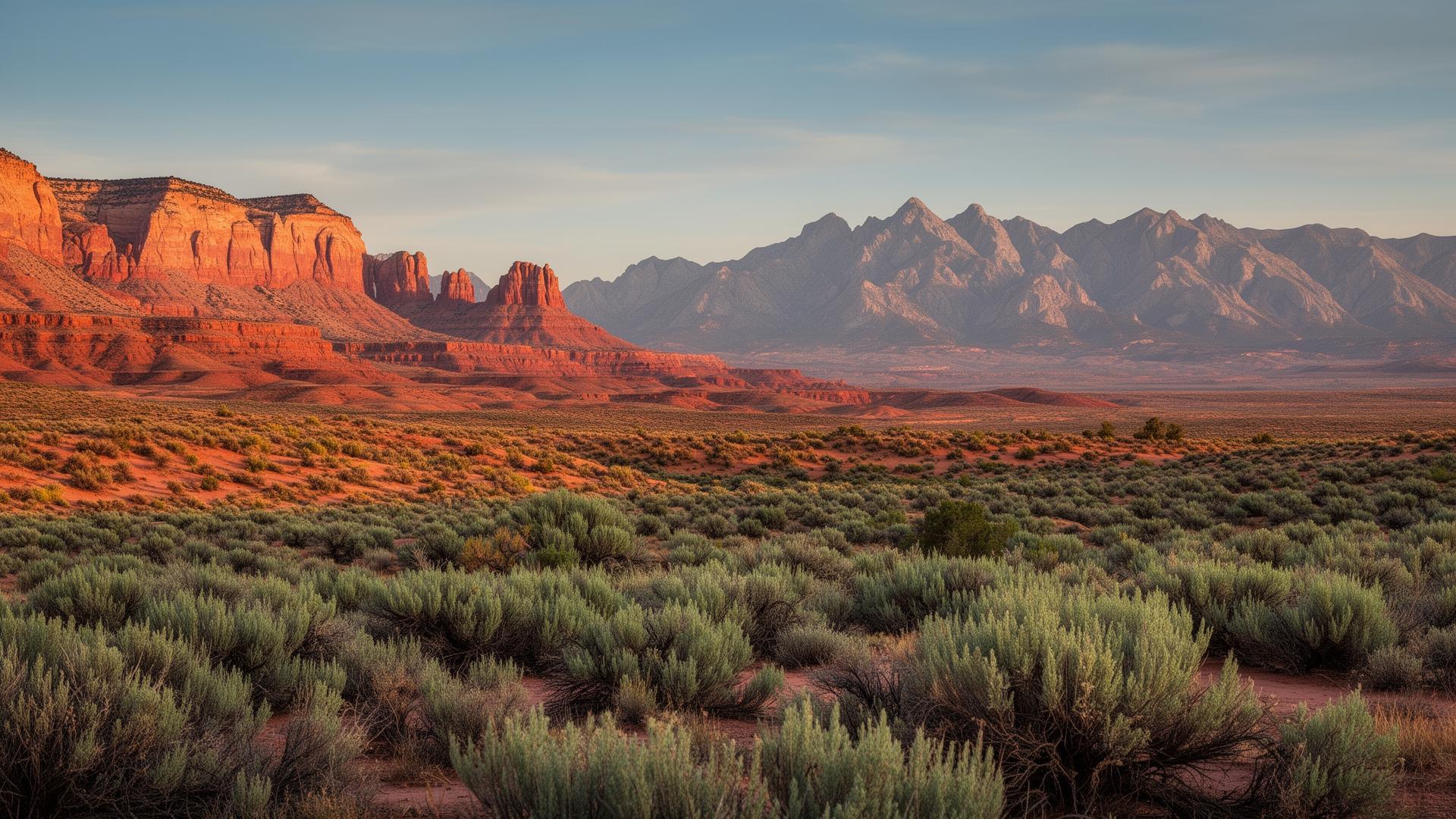 Southern Utah desert landscape with red rock mesas at golden hour